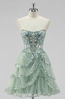 Load image into Gallery viewer, Sparkly Dusty Sage Tiered Strapless Short Prom Dress