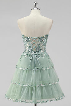 Sparkly Dusty Sage Tiered Strapless Short Prom Dress