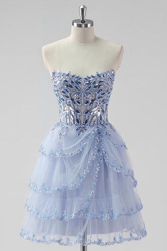 Sparkly Lavender Tiered Strapless Corset Short Prom Dress