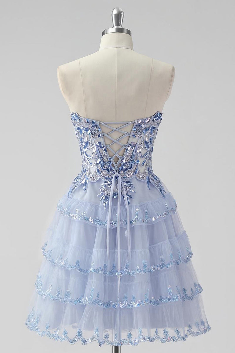 Load image into Gallery viewer, Sparkly Lavender Tiered Strapless Corset Short Prom Dress