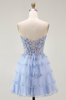 Sparkly Lavender Tiered Strapless Corset Short Prom Dress