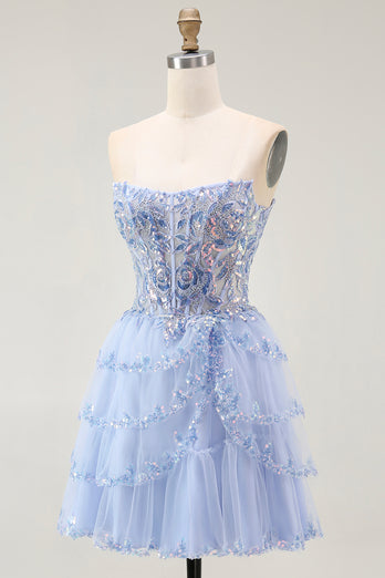 Sparkly Lavender Tiered Strapless Corset Short Prom Dress