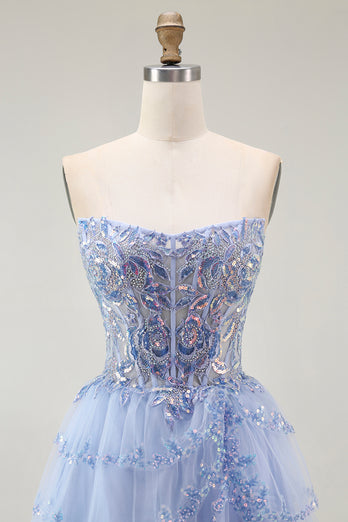 Sparkly Lavender Tiered Strapless Corset Short Prom Dress