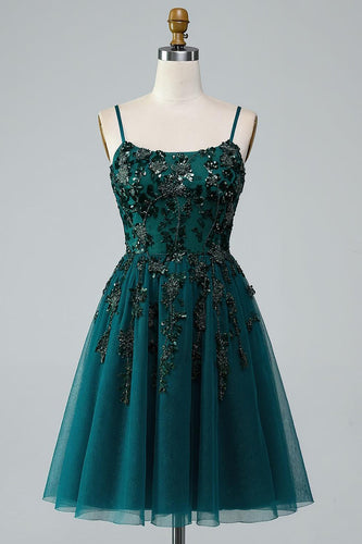 Sparkly Dark Green A Line Short Beaded Prom Dress