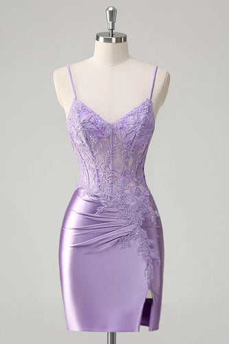 Floral Lilac Tight Short Corset Prom Dress with Slit