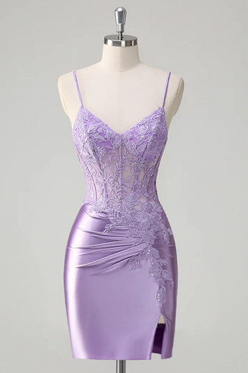 Floral Lilac Tight Short Corset Prom Dress with Slit