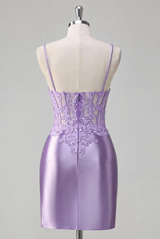 Floral Lilac Tight Short Corset Prom Dress with Slit