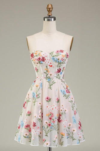 Floral Ivory A Line Short Corset Prom Dress