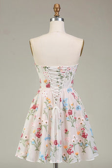Floral Ivory A Line Short Corset Prom Dress