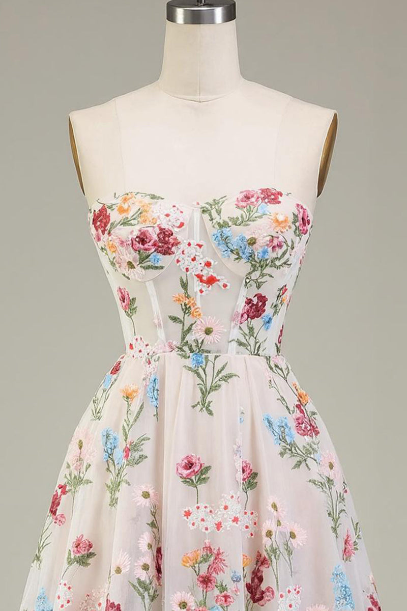 Load image into Gallery viewer, Floral Ivory A Line Short Corset Prom Dress