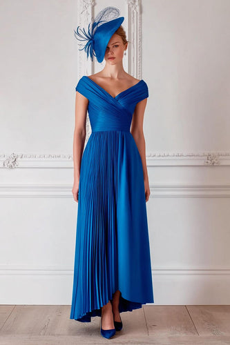 Royal Blue Pleated Off the Shoulder Long Mother of the Bride Dress