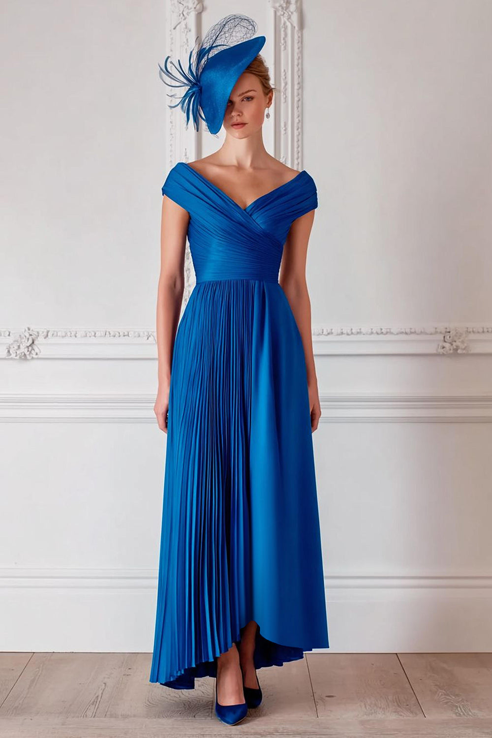 Royal Blue Pleated Off the Shoulder Long Mother of the Bride Dress