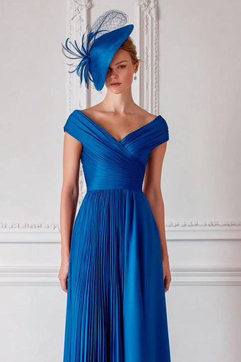 Royal Blue Pleated Off the Shoulder Long Mother of the Bride Dress
