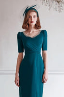 Load image into Gallery viewer, Sparkly Peacock Blue Midi Round Neck Mother of the Bride Dress with Slit
