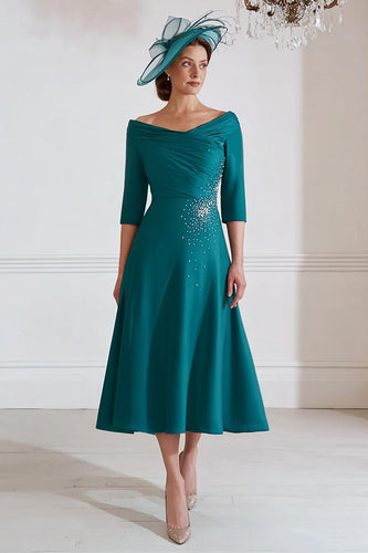 Sparkly A Line Peacock Green Midi Mother of the Bride Dress with Beading