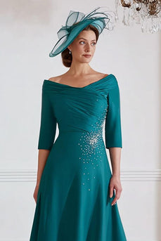 Sparkly A Line Peacock Green Midi Mother of the Bride Dress with Beading