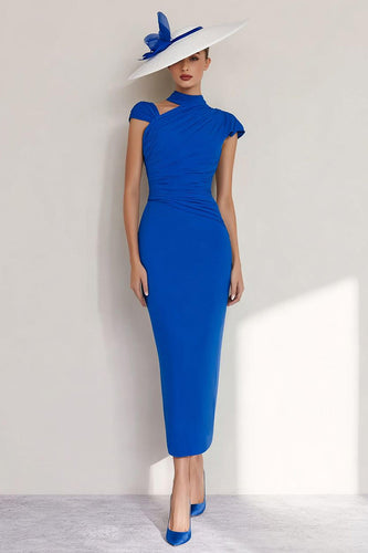Royal Blue Sheath High Neck Long Mother of the Bride Dress