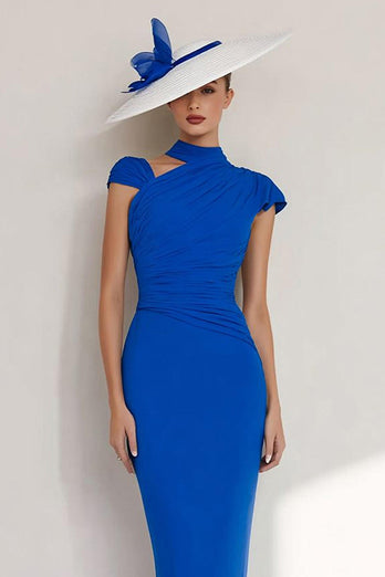 Royal Blue Sheath High Neck Long Mother of the Bride Dress