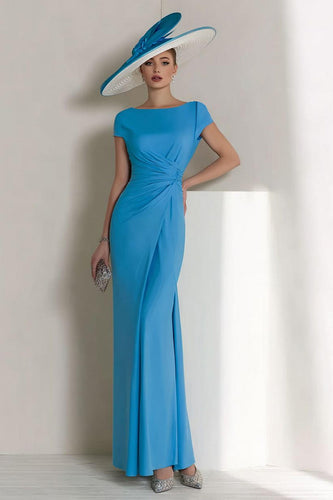 Blue Ruched Boat Neck Long Mother of the Bride Dress with Sleeves