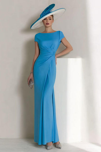 Blue Ruched Boat Neck Long Mother of the Bride Dress with Sleeves