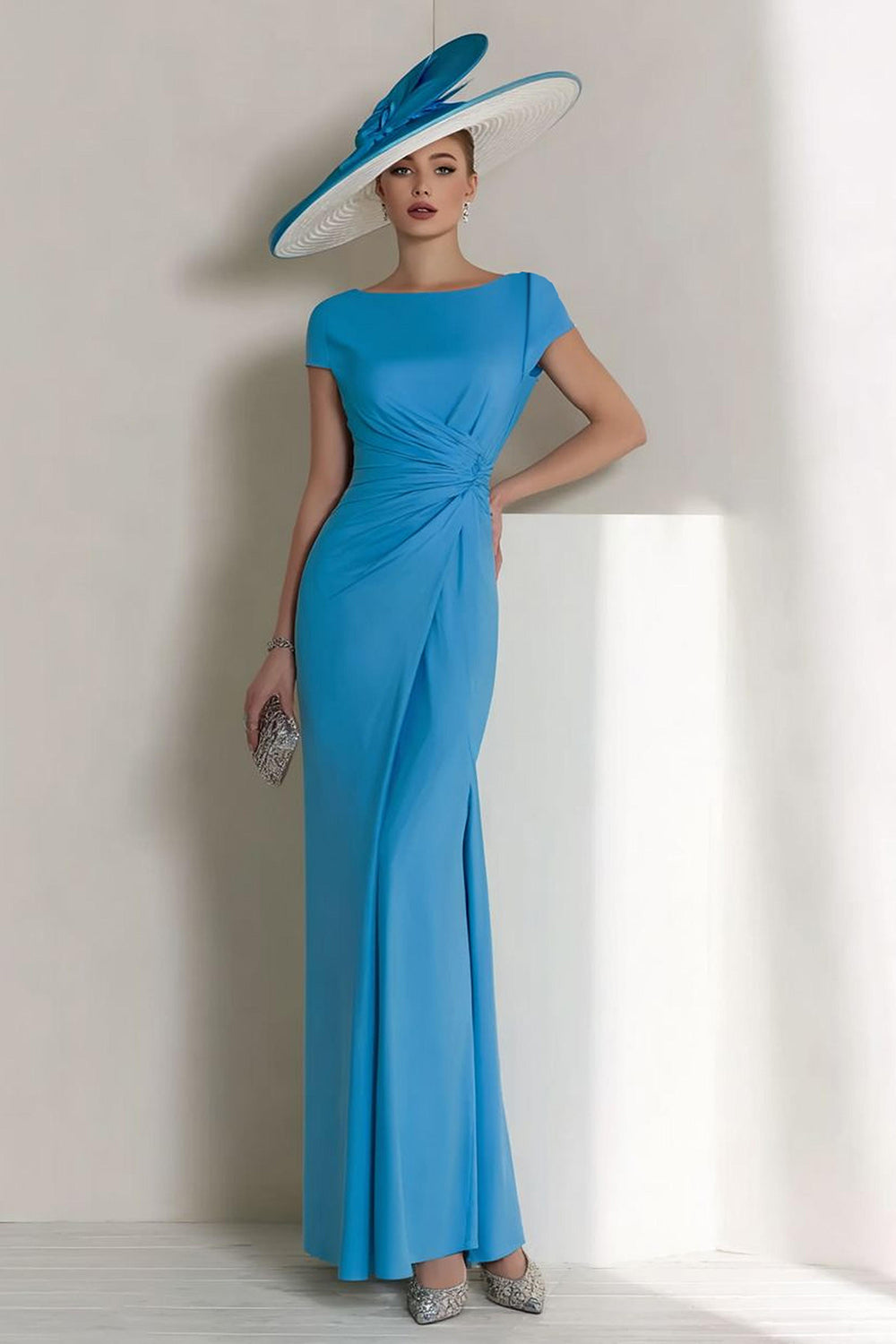 Blue Ruched Boat Neck Long Mother of the Bride Dress with Sleeves