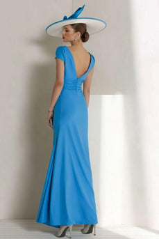 Blue Ruched Boat Neck Long Mother of the Bride Dress with Sleeves