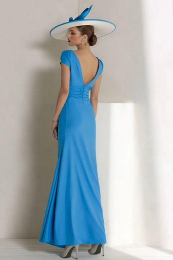 Blue Ruched Boat Neck Long Mother of the Bride Dress with Sleeves