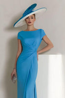 Load image into Gallery viewer, Blue Ruched Boat Neck Long Mother of the Bride Dress with Sleeves