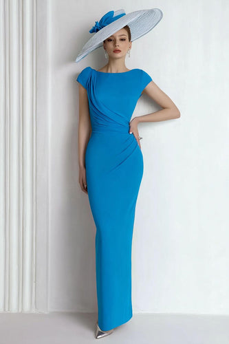 Blue Boat Neck Maxi Mother of the Bride Dress with Sleeves
