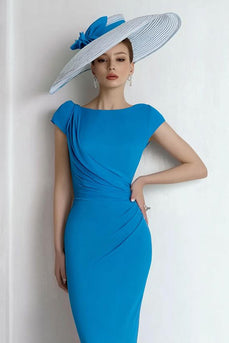 Blue Boat Neck Maxi Mother of the Bride Dress with Sleeves