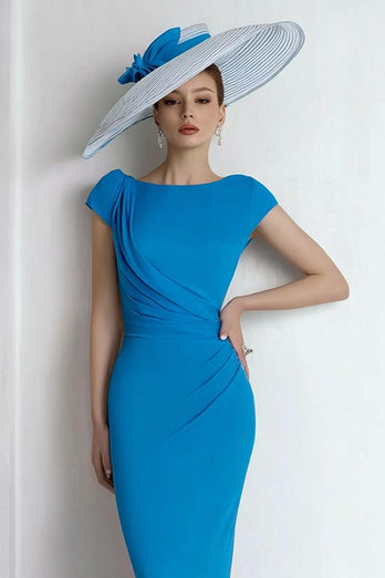 Blue Boat Neck Maxi Mother of the Bride Dress with Sleeves