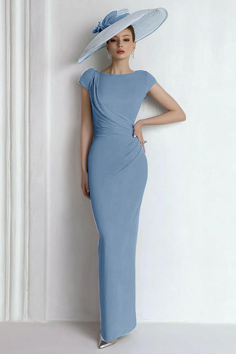 Load image into Gallery viewer, Blue Boat Neck Maxi Mother of the Bride Dress with Sleeves