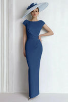 Load image into Gallery viewer, Blue Boat Neck Maxi Mother of the Bride Dress with Sleeves
