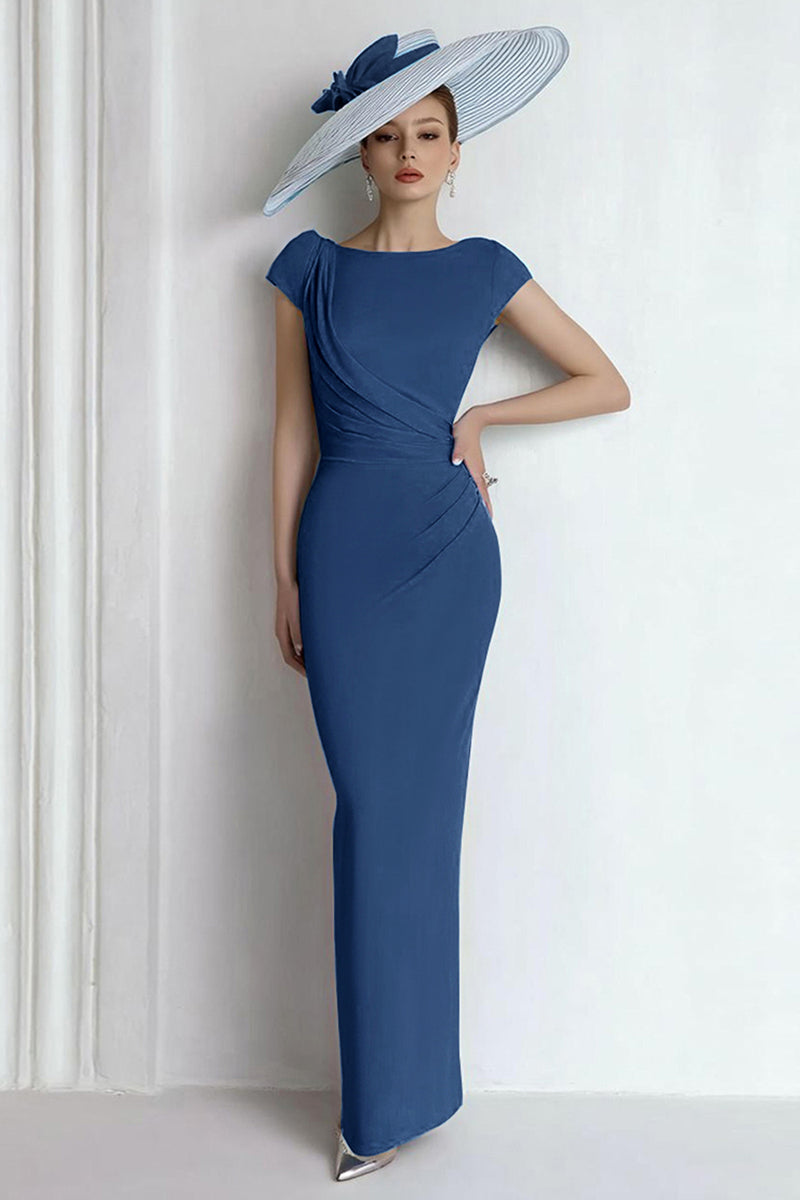 Load image into Gallery viewer, Blue Boat Neck Maxi Mother of the Bride Dress with Sleeves