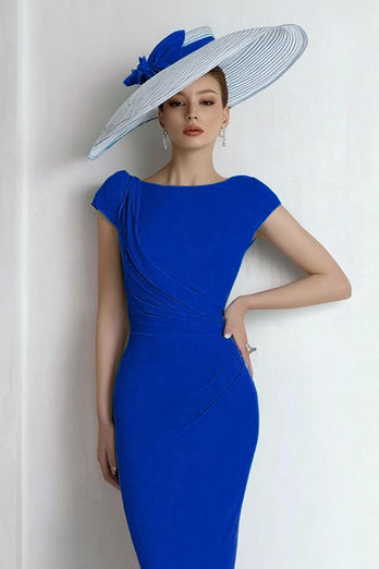 Blue Boat Neck Maxi Mother of the Bride Dress with Sleeves