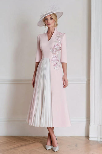 Floral Candy Pink A Line Midi Mother of the Bride Dress with Sleeves