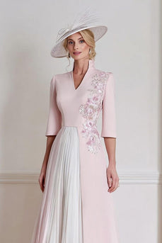 Floral Candy Pink A Line Midi Mother of the Bride Dress with Sleeves