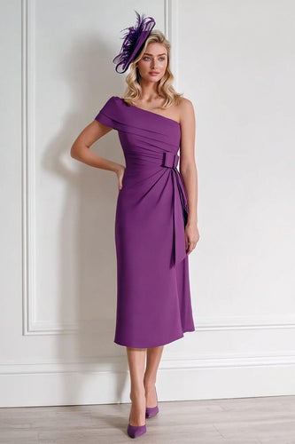 Grape Chiffon One Shoulder Midi Mother of the Bride Dress with Bow