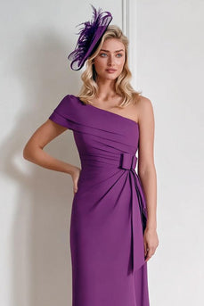 Grape Chiffon One Shoulder Midi Mother of the Bride Dress with Bow