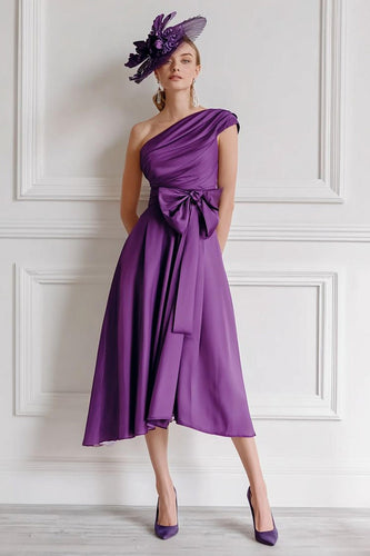Grape One Shoulder A Line Midi Mother of the Bride Dress with Bow