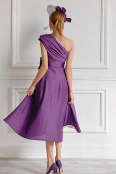 Grape One Shoulder A Line Midi Mother of the Bride Dress with Bow