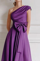 Load image into Gallery viewer, Grape One Shoulder A Line Midi Mother of the Bride Dress with Bow