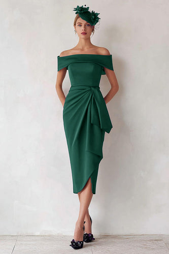 Dark Green Off the Shoulder Satin Midi Mother of the Bride Dress