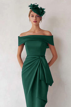 Dark Green Off the Shoulder Satin Midi Mother of the Bride Dress