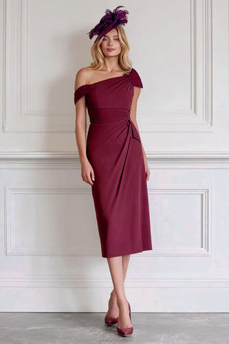 Burgundy One Shoulder Midi Pencil Mother of the Bride Dress