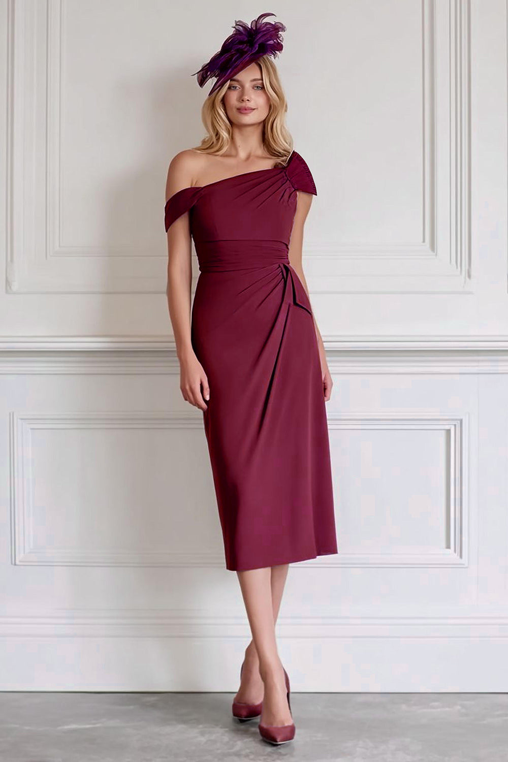 Burgundy One Shoulder Midi Pencil Mother of the Bride Dress