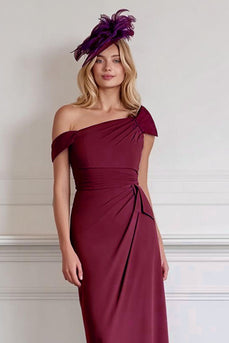 Burgundy One Shoulder Midi Pencil Mother of the Bride Dress