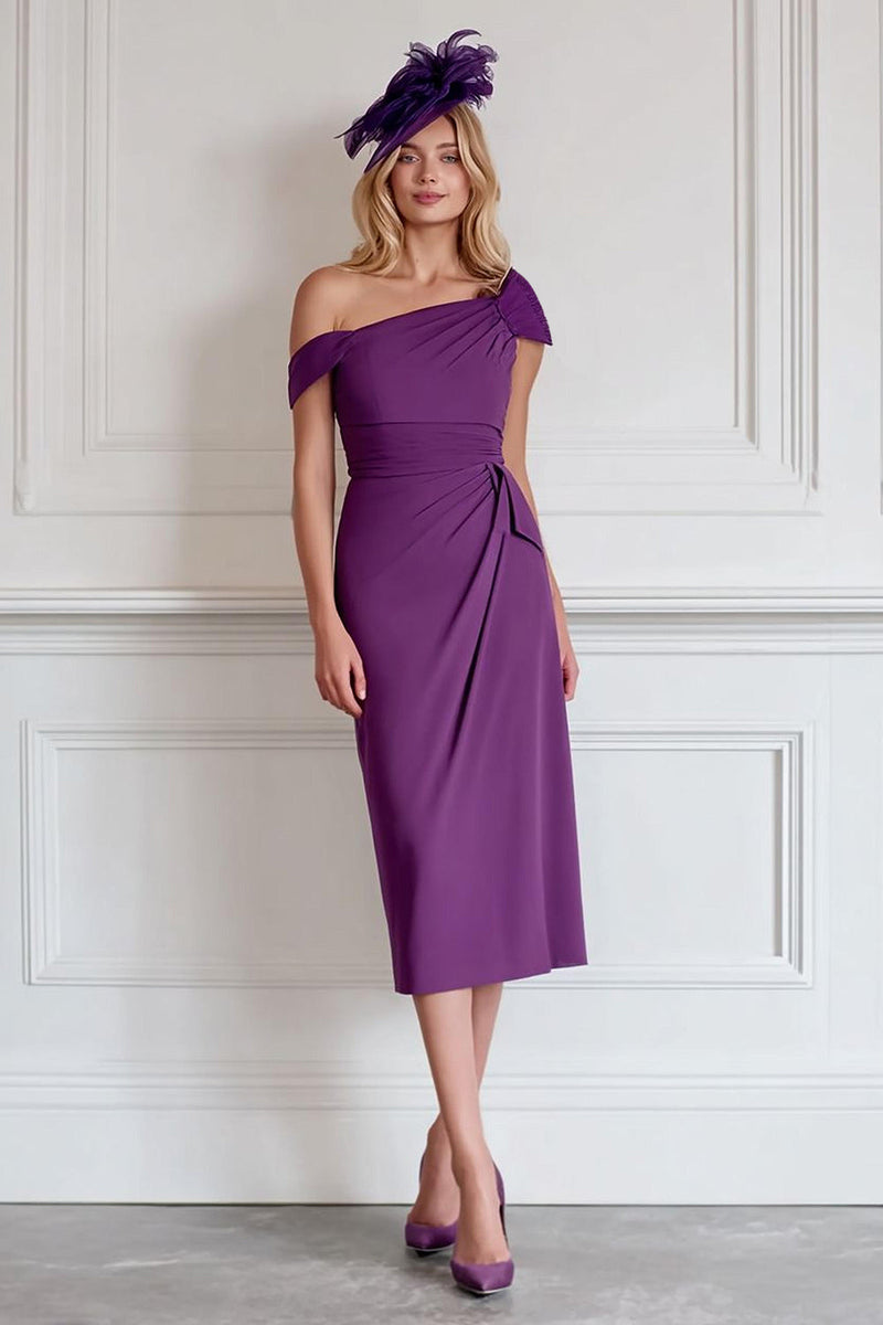 Load image into Gallery viewer, Burgundy One Shoulder Midi Pencil Mother of the Bride Dress