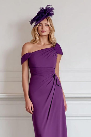 Burgundy One Shoulder Midi Pencil Mother of the Bride Dress