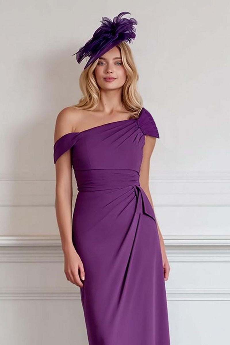 Load image into Gallery viewer, Burgundy One Shoulder Midi Pencil Mother of the Bride Dress